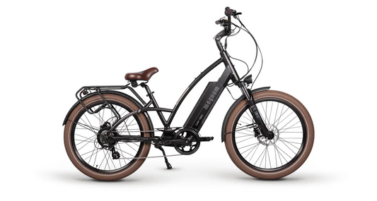 The Magnum Low Rider 2.0 CPO by Magnum is a black electric beach cruiser featuring brown tires and seat, front suspension, rear rack, and a frame-mounted battery, pictured in profile on a white background.