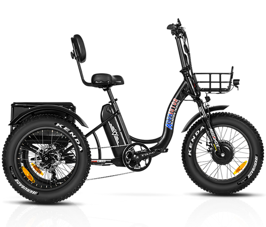 An Addmotor Triketan M-330 Mini eTrike - Black with a seat and a basket designed for all terrains.