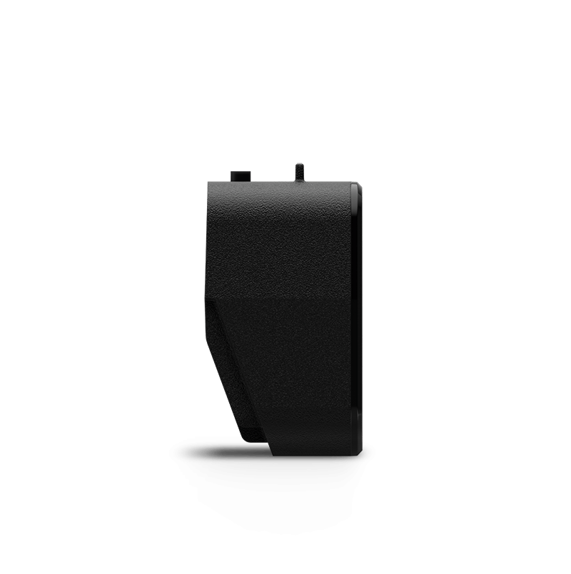 Side view of the Segway - Myon Rearview Radar by Segway, black with a textured surface, angular edges, and a top switch, shown on a white background—enhances bike safety with radar and real-time traffic alerts.