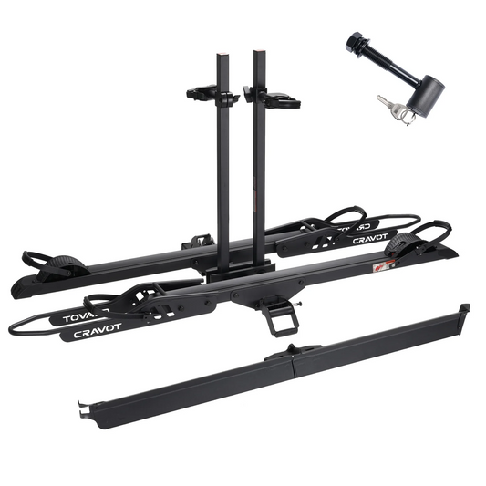 The Cravot CyberRack E2 Plus is a black hitch-mounted bike rack with adjustable arms and straps, a horizontal bar, hitch lock with keys, 200 lbs capacity, and fits 2-inch receivers.