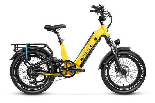 A yellow Magicycle - Deer electric bike on a white background, showcasing the Magicycle brand.