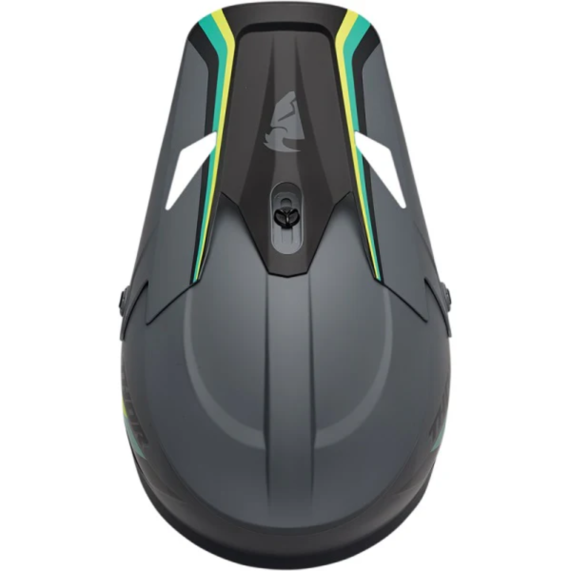 Top view of a matte gray Thor Sector Helmet - Runner MIPS by Thor in gray/teal, featuring black, yellow, and green accents, a central ventilation opening, and a stylized animal logo.