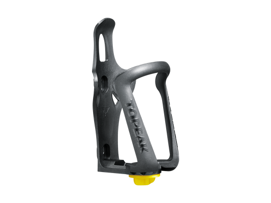 A black ToPeak Bottle Cage - Topeak EX with a yellow adjustment knob at the base. The cage, crafted from engineering grade polymer, features a sleek, lightweight design and fits ø51 mm - ø73 mm bottles.