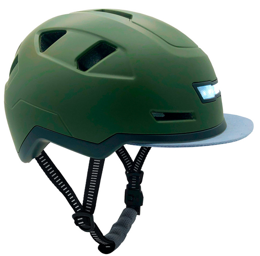 Green XNITO CPSC certified safety helmet with an adjustable strap and integrated LED lights.