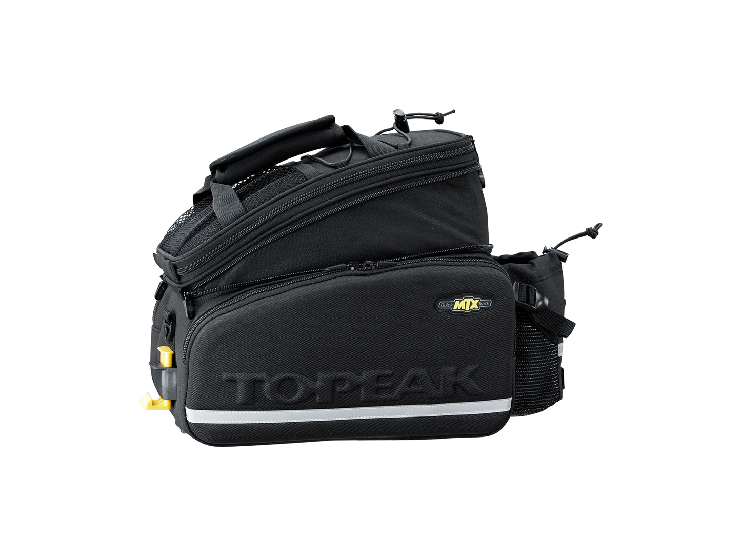 A black Bag - Topeak MTX DX with multiple compartments and mesh pockets, featuring the ToPeak logo and a reflective strip at the bottom. Designed with QuickTrack system for easy mounting and water repellency to protect your gear.