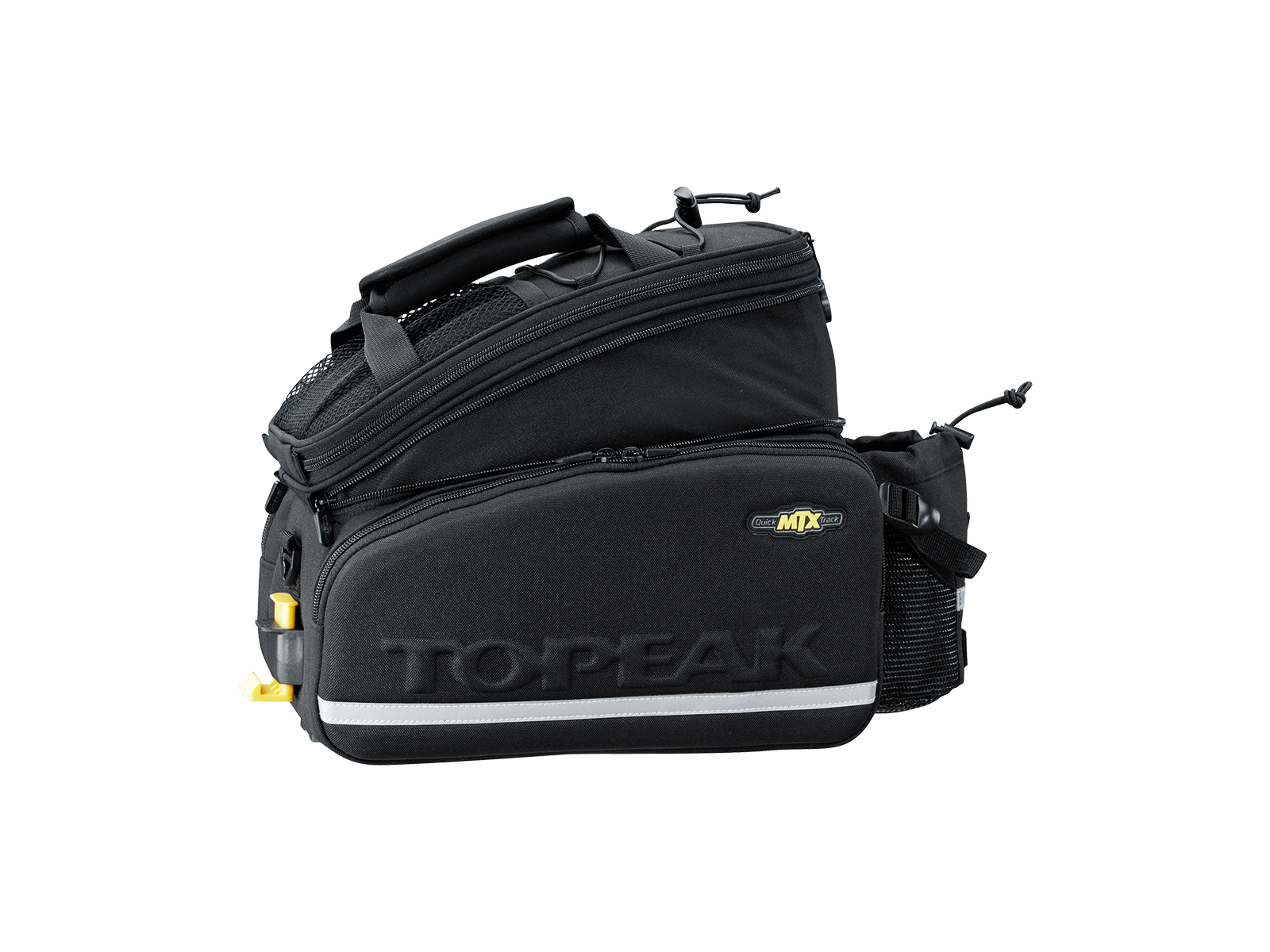 A black Bag - Topeak MTX DX with multiple compartments and mesh pockets, featuring the ToPeak logo and a reflective strip at the bottom. Designed with QuickTrack system for easy mounting and water repellency to protect your gear.