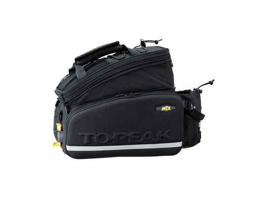 A black Bag - Topeak MTX DX with multiple compartments and mesh pockets, featuring the ToPeak logo and a reflective strip at the bottom. Designed with QuickTrack system for easy mounting and water repellency to protect your gear.