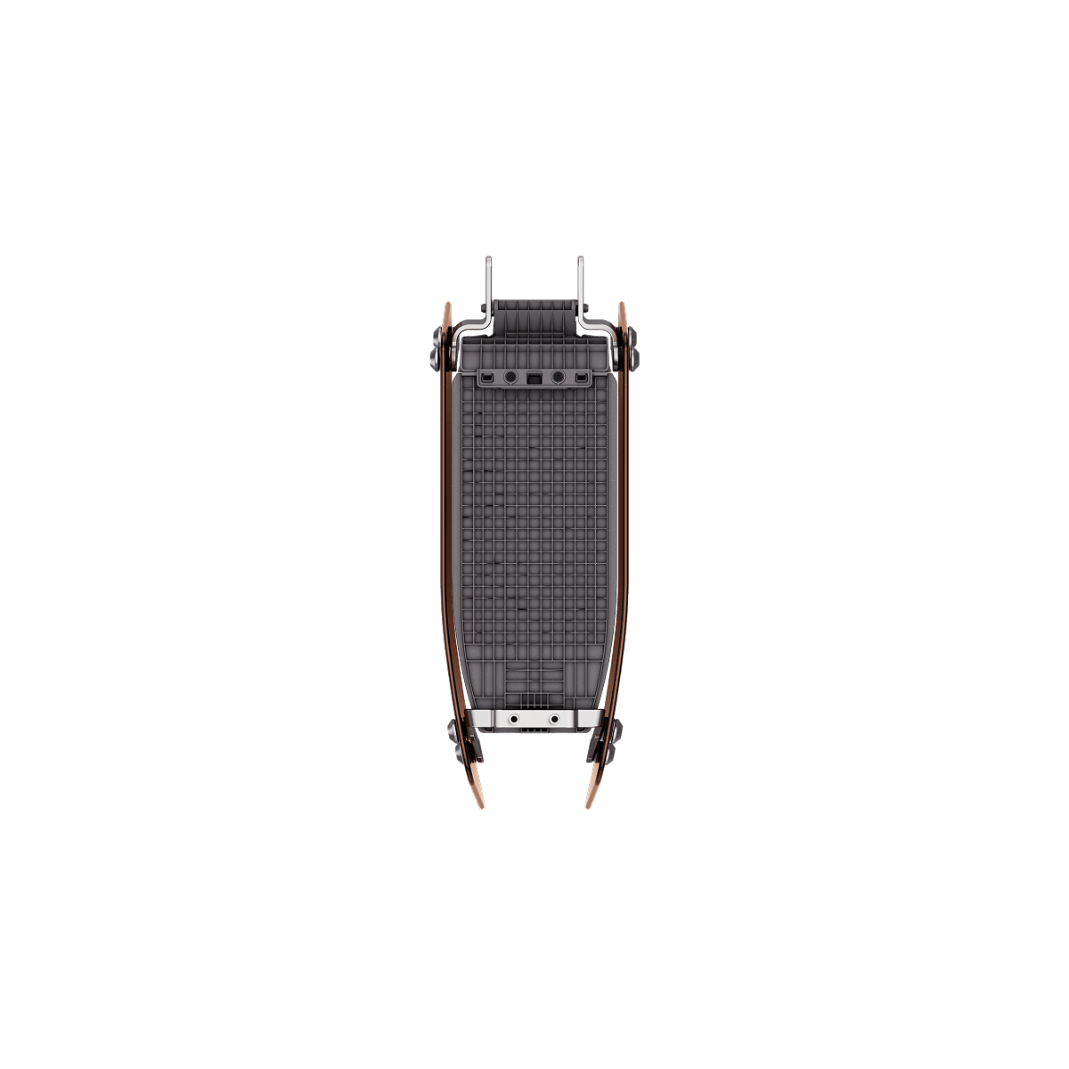 Top-down view of the Segway MUXI Middle Basket by Segway, featuring a black woven design with wooden curved armrests and a metal frame, inspired by the sleek style of Segway’s accessory collections, set on a plain white background.
