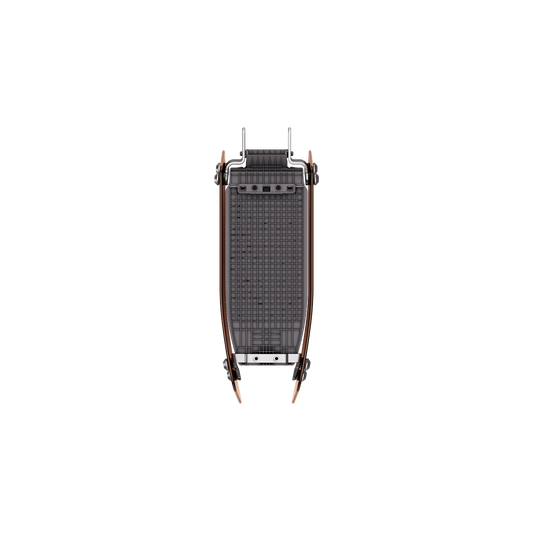 Top-down view of the Segway MUXI Middle Basket by Segway, featuring a black woven design with wooden curved armrests and a metal frame, inspired by the sleek style of Segway’s accessory collections, set on a plain white background.
