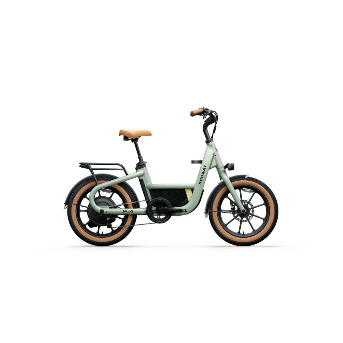 The Segway MUXI Fender Set by Segway is displayed in matte light green with tan seat and tires, black handlebars, electric bike fenders, and a rear cargo rack, shown in profile on a white background.