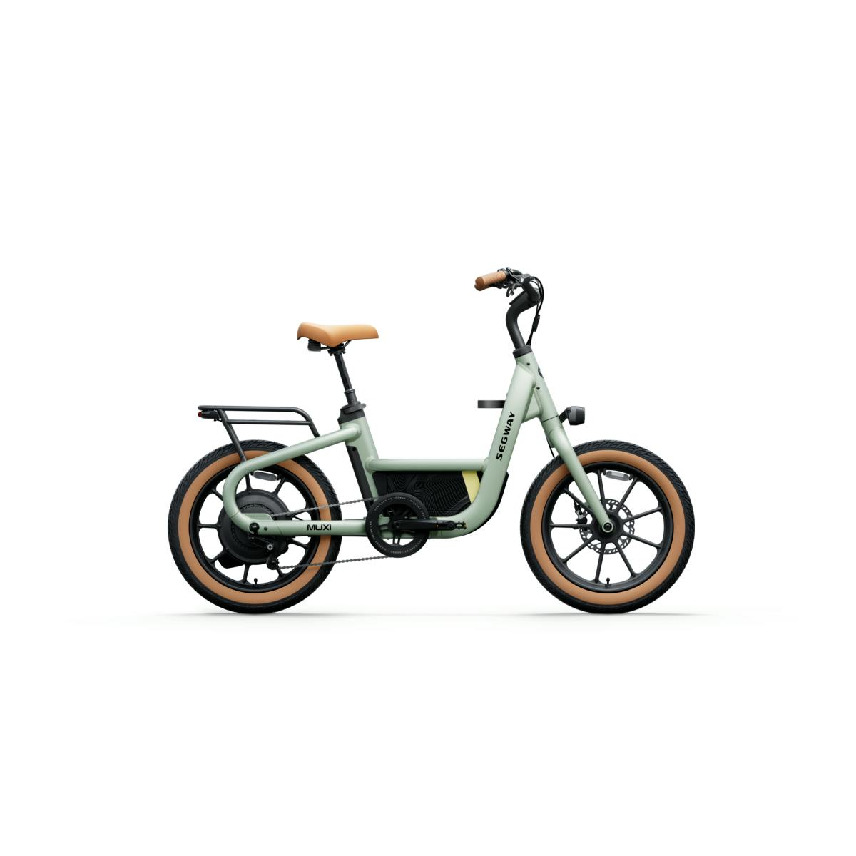 Side view of a Segway eBike Xiro Dropper Post in light green with tan seat and tires, black handlebars, rear cargo rack, and the Segway Xiro Electronic Dropper Post, shown on a white background.
