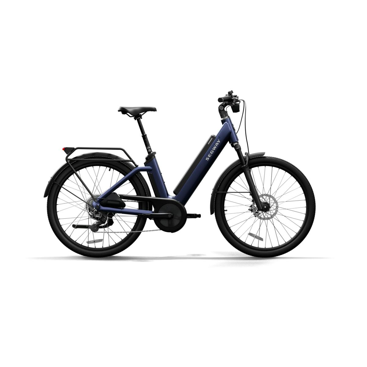 Side view of the Segway eBike Xiro Dropper Post in blue, featuring a step-through frame, rear rack, front and rear fenders, and the Segway Xiro Electronic Dropper Post, shown against a white background.