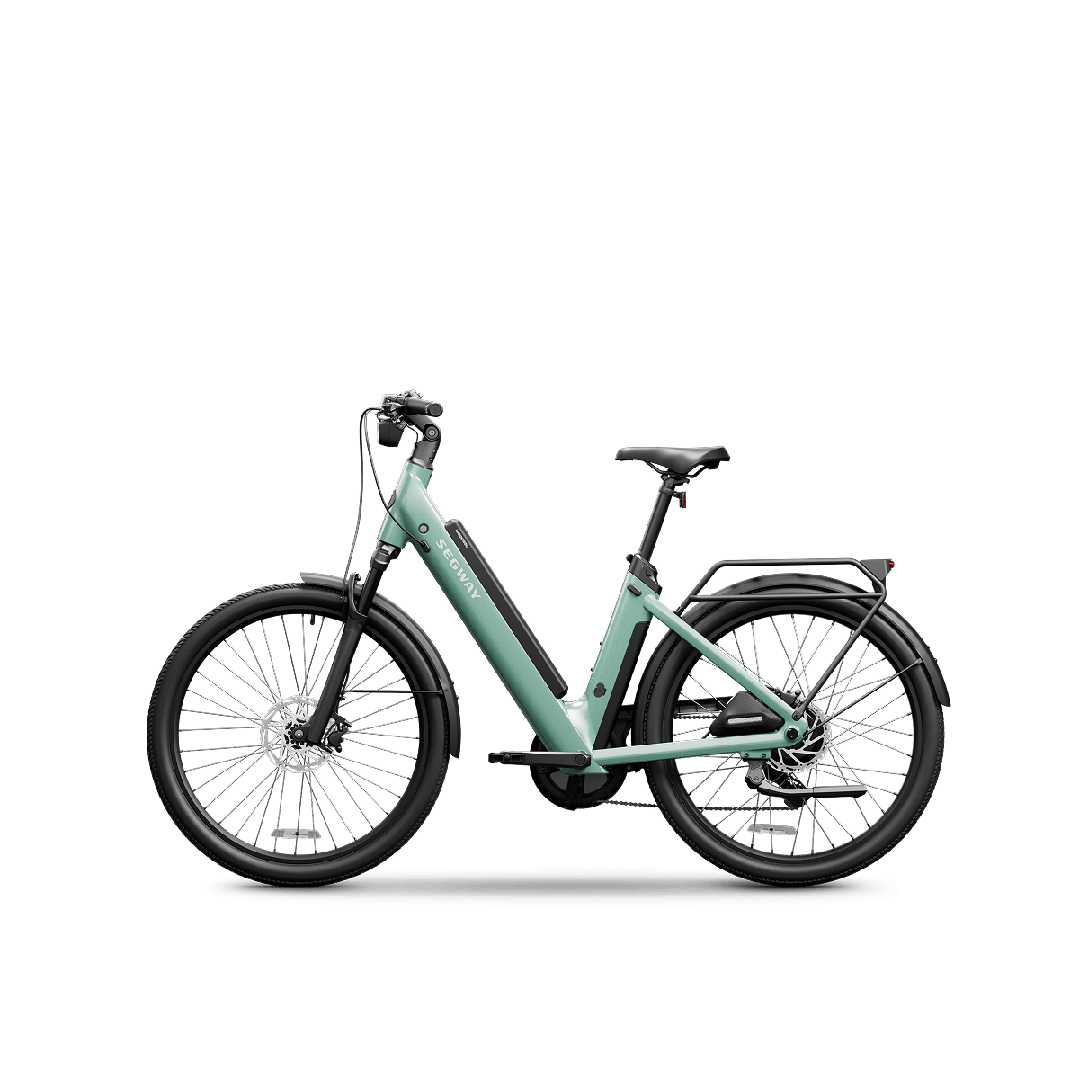 The Segway Myon Electric Bike in light green features a step-through frame, front suspension, rear rack, fenders, and offers up to an 80-mile range. Shown here on a plain white background.