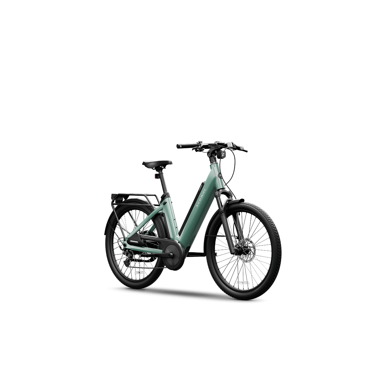 The Segway Myon Electric Bike by Segway features a matte green frame, black wheels, and a built-in battery. Shown against a white background, this commuter eBike offers an impressive 80-mile range—perfect for daily rides.
