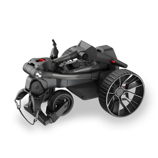The Navee Birdie 3X by Navee is a compact, foldable electric golf push cart with large rear wheels, a handle, and a carbon fiber-style frame—ideal for Tampa Bay golfers who value modern convenience on the course.