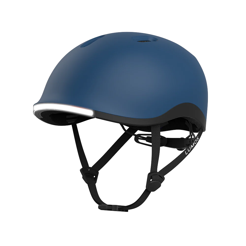 The Lumos NYXEL is a matte blue, high-visibility helmet with black adjustable straps and a built-in front LED light for safer, smarter rides.