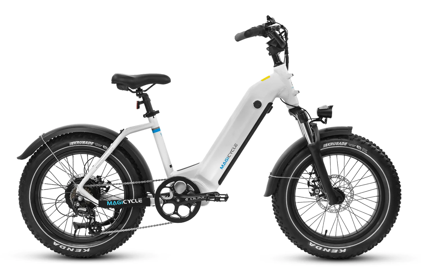 The Magicycle - Ocelot is an electric bike with a white frame and black fenders, featuring knobby tires, a front suspension fork, and a mounted battery on the down tube. Powered by either a 750W or 1000W motor, this bike proudly displays "MAGICYCLE" branding.