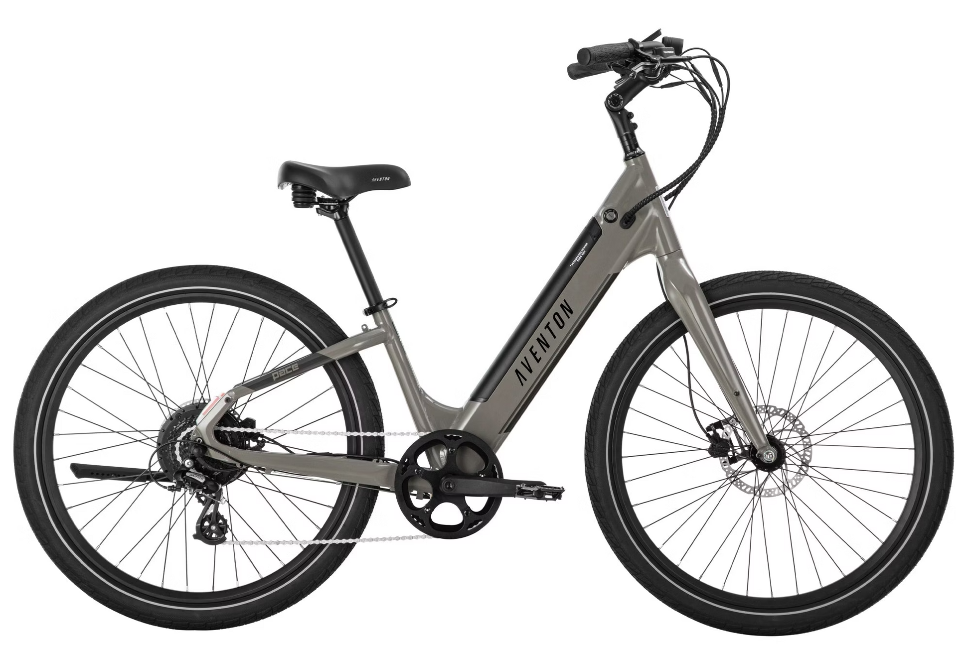 A modern gray electric bike branded "Aventon" with a visible battery pack and a 500W motor, standing upright against a white background.