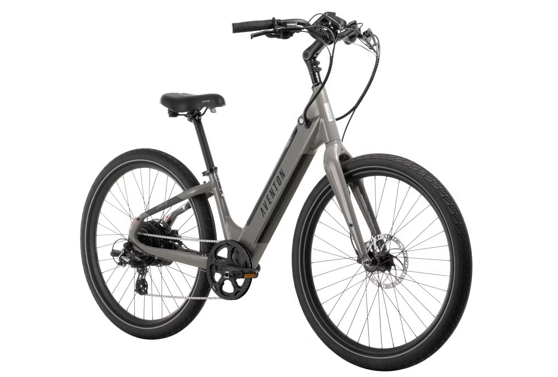 A modern Aventon electric bike with a 500W motor, silver frame, black seat and tires, and no visible branding against a white background.