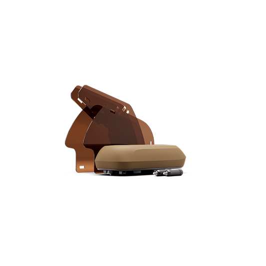 A beige rectangular device with a dark base from the Segway MUXI Passenger Kit by Segway includes two transparent brown plastic covers and a small metal component, all shown on a plain white background.