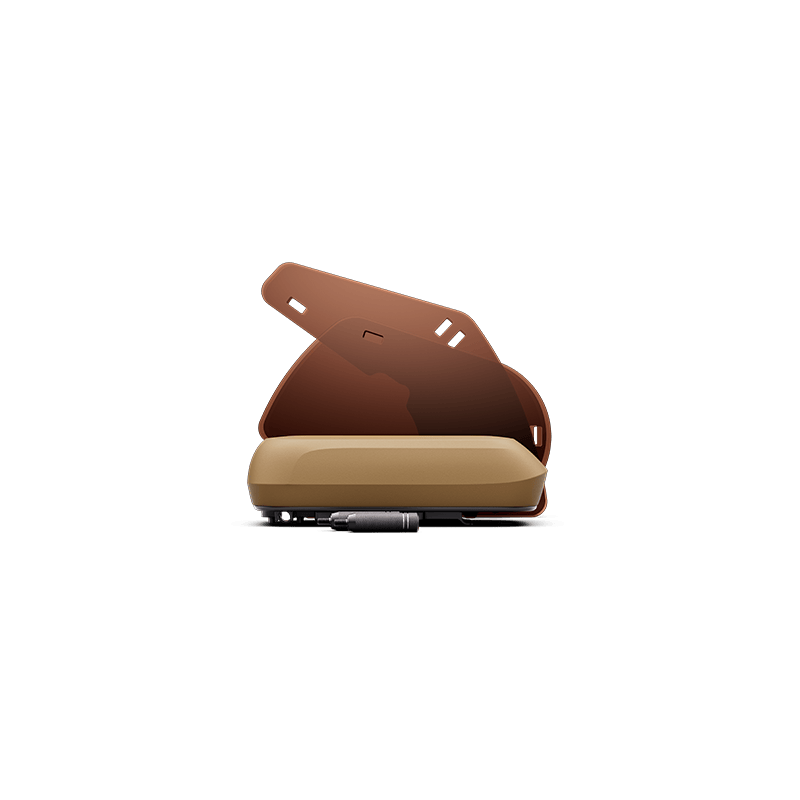 A brown, retro-style computer with a slightly open monitor and a base cable resembles the Segway MUXI Passenger Kit, an accessory by Segway designed for the MUXI Electric Bike.