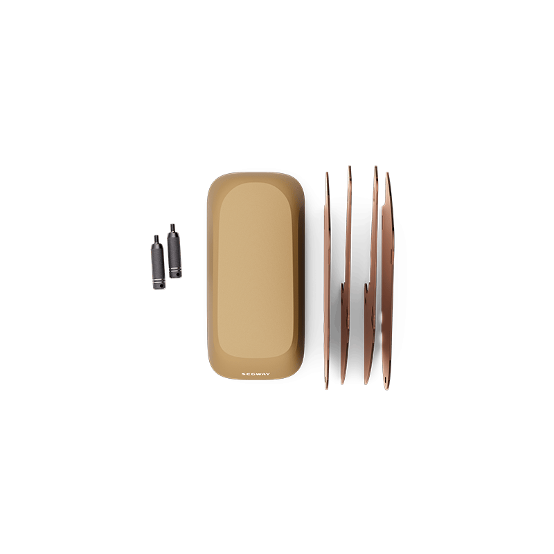 A tan rectangular Segway MUXI Passenger Kit device with "Segway" branding is shown on a white background, alongside two black plugs and three brown curved blade-like components.