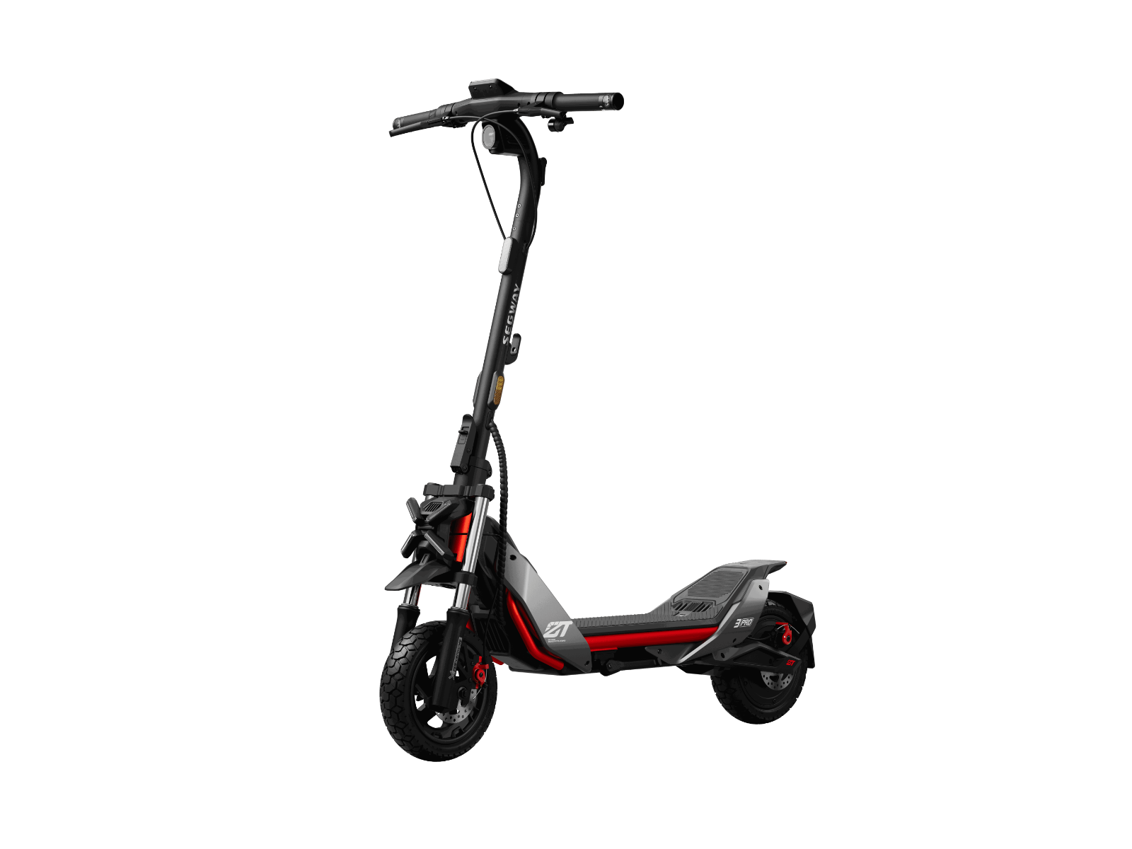 The Segway ZT3 Pro showcases a black and red design ideal for urban mobility, with a sturdy frame, robust tires, and T-shaped handlebars against a sleek black backdrop.