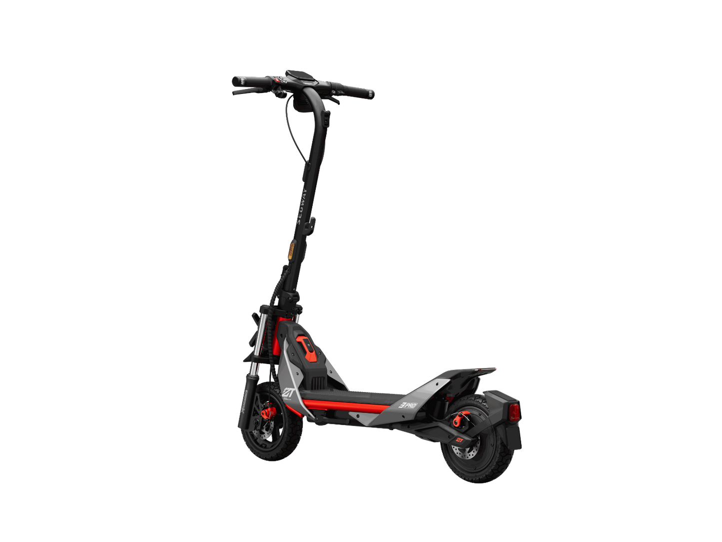 The Segway ZT3 Pro eKickScooter features a striking black and red design with a durable frame and large wheels, ideal for off-road adventures. It stands out against a black backdrop, showcasing its advanced suspension capabilities.