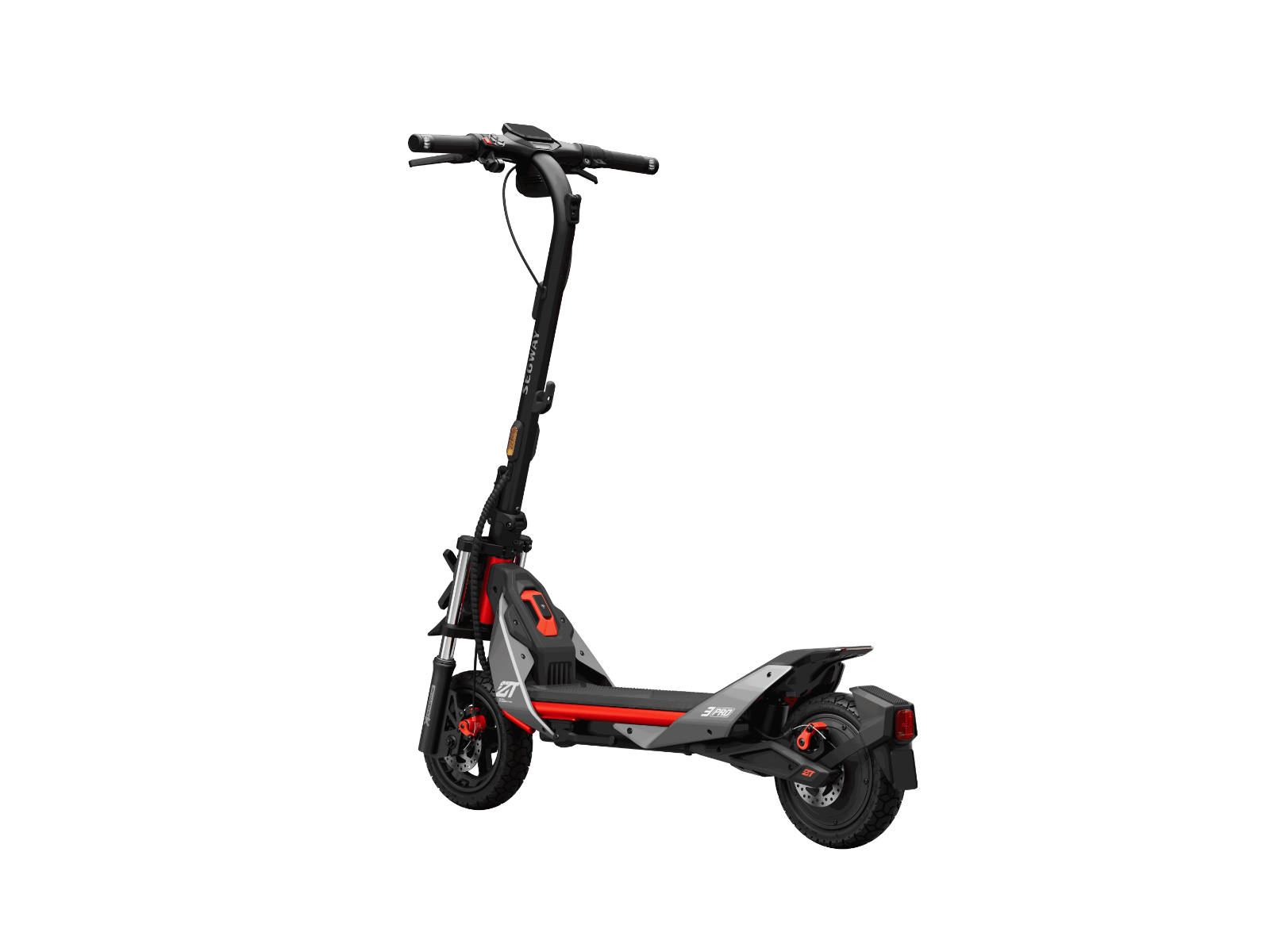 The Segway ZT3 Pro eKickScooter features a striking black and red design with a durable frame and large wheels, ideal for off-road adventures. It stands out against a black backdrop, showcasing its advanced suspension capabilities.