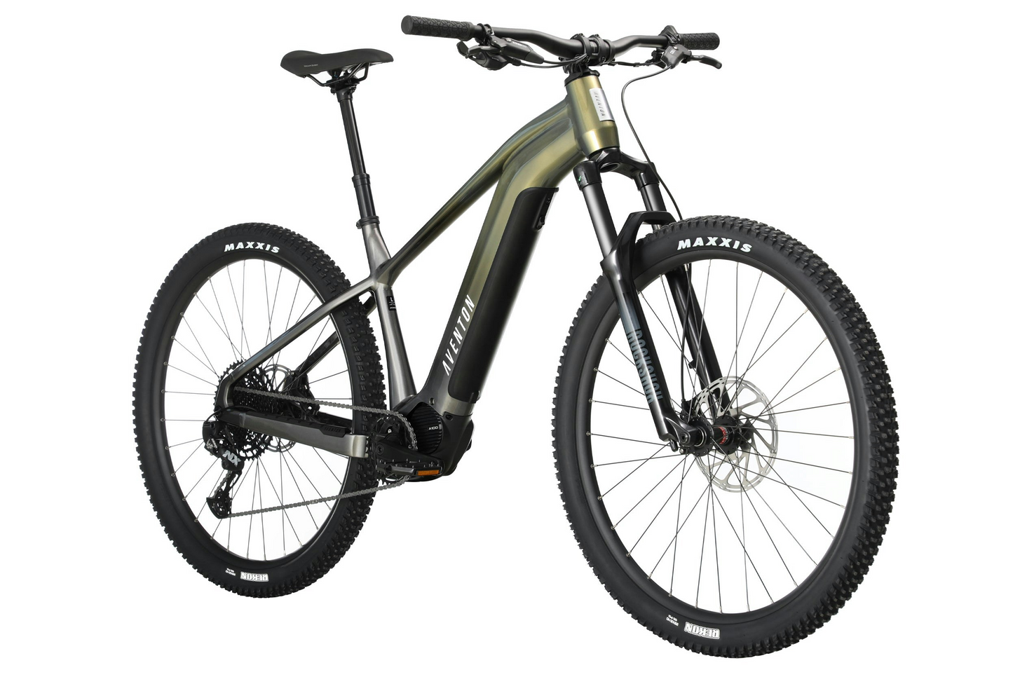 Aventon - Ramblas eMTB with a full-suspension frame, mid-drive motor, and knobby tires.