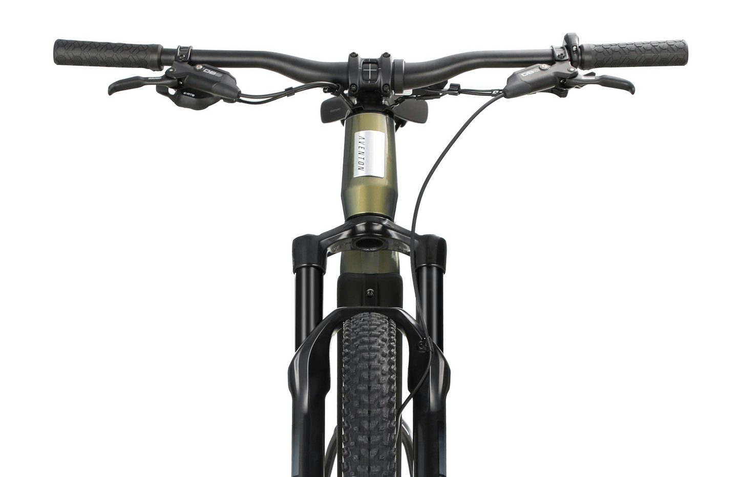 Front view of an Aventon Ramblas eMTB's handlebar and front fork on a white background.