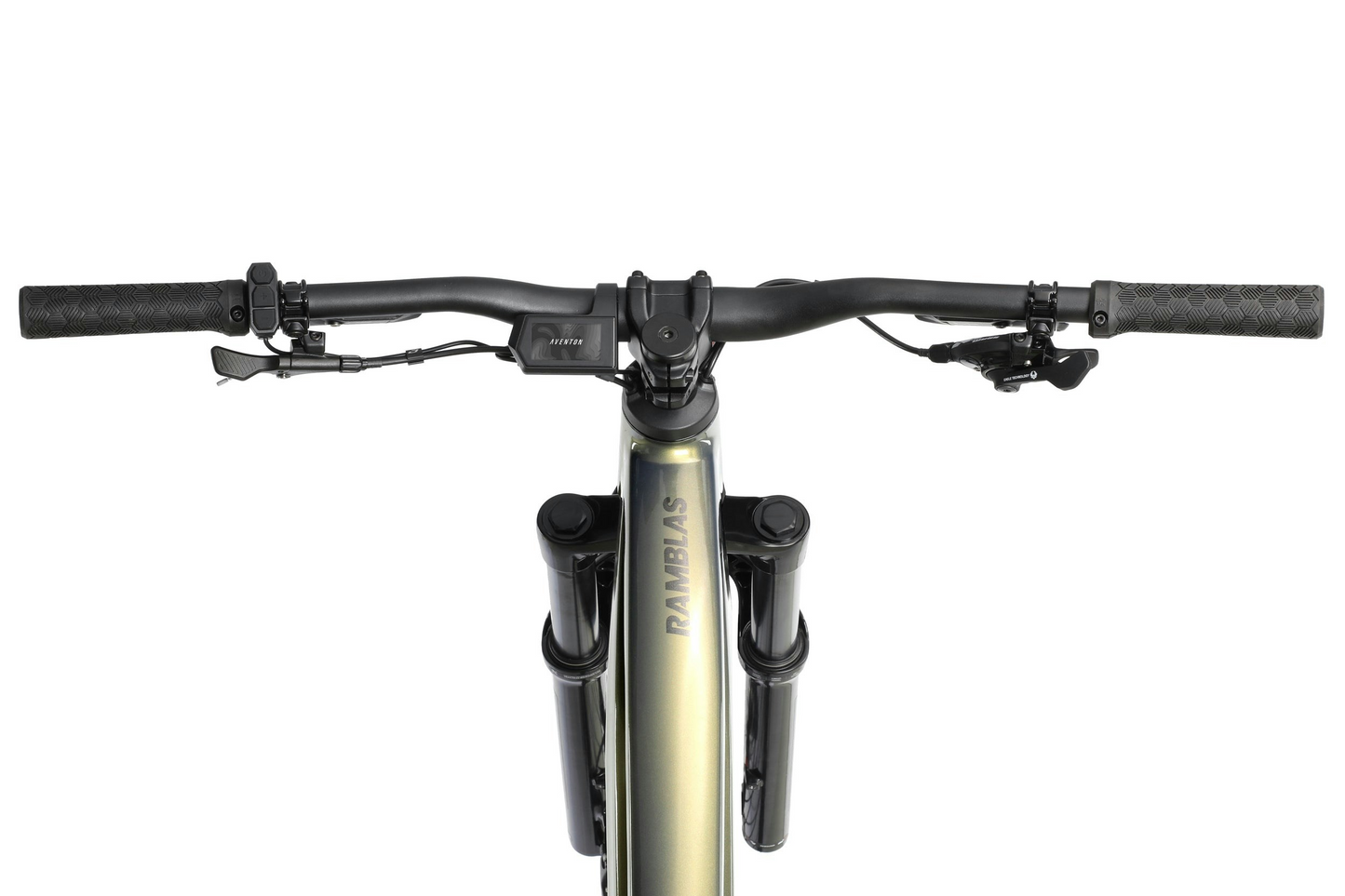 Close-up of the Aventon - Ramblas eMTB's handlebar and front suspension fork.