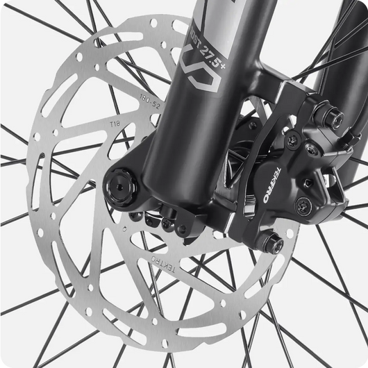 Close-up of a Velotric Discover 2 Electric Bike disc brake system from Velotric.