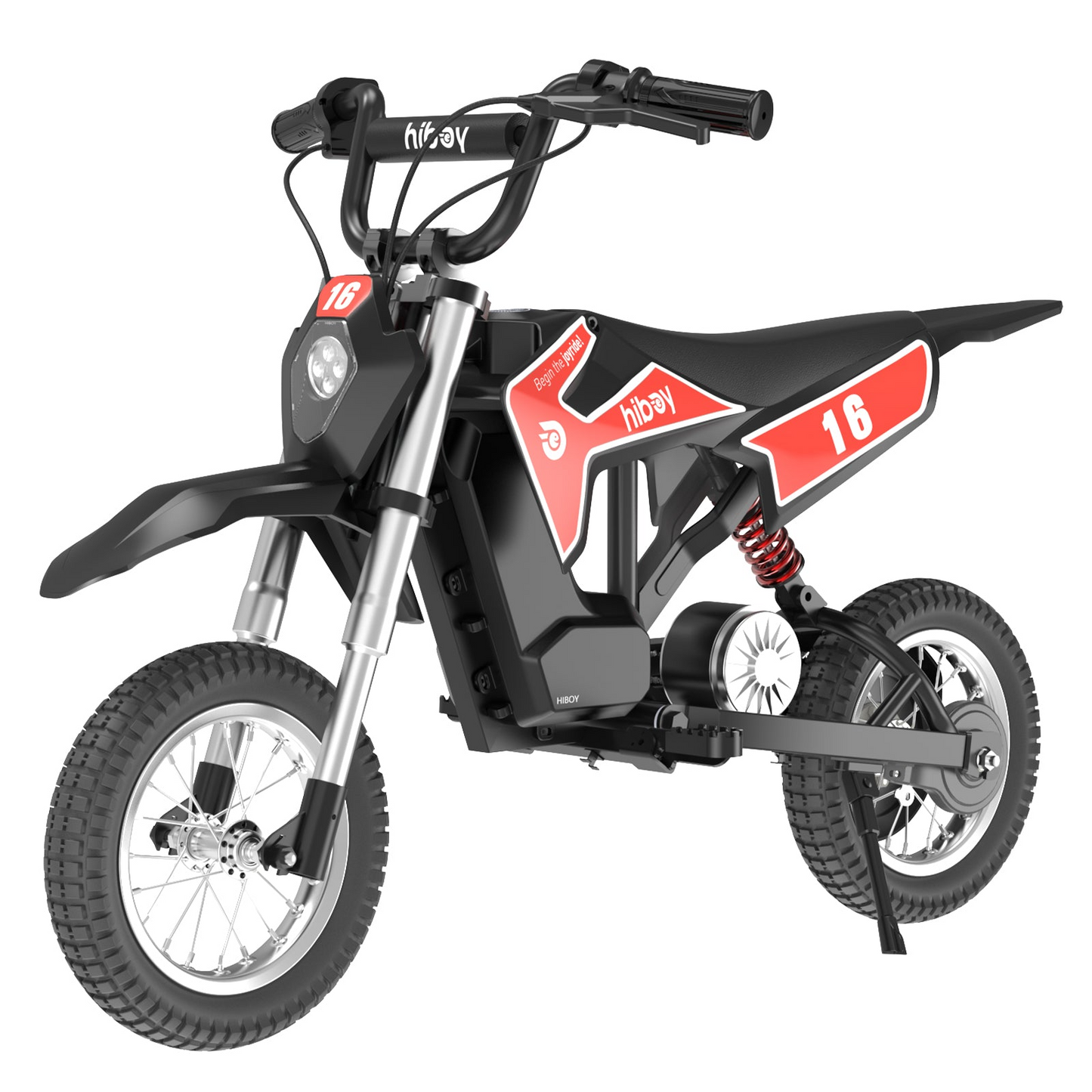 The Hiboy DK1 Electric Dirt Bike for kids features a black and red design with the number 16, front and rear suspension, and knobby tires.