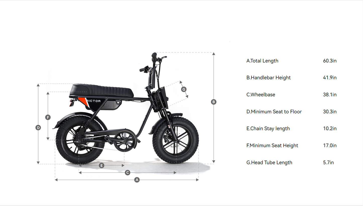 Side view of the Rictor - Flexx moped-style electric bike by Rictor, powered by a 750W motor, with labeled measurements for total length, handlebar height, wheelbase, seat height, chain stay height, and head tube length.
