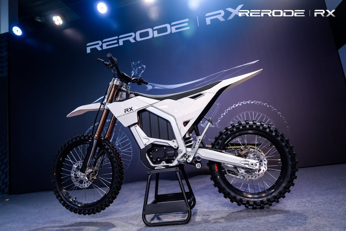 RERODE RX Electric Dirt Bike three-quarter view at the launch display