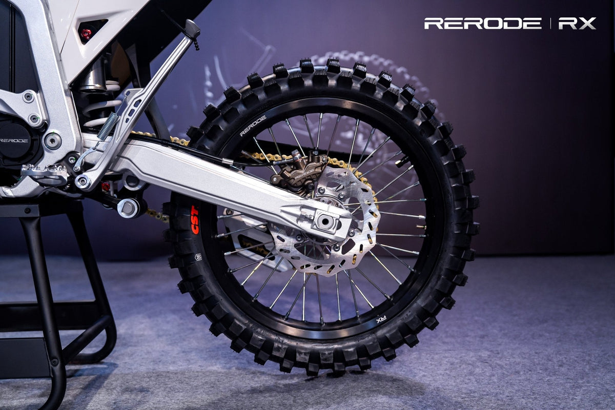 RERODE RX Electric Dirt Bike rear wheel and brake at the launch display