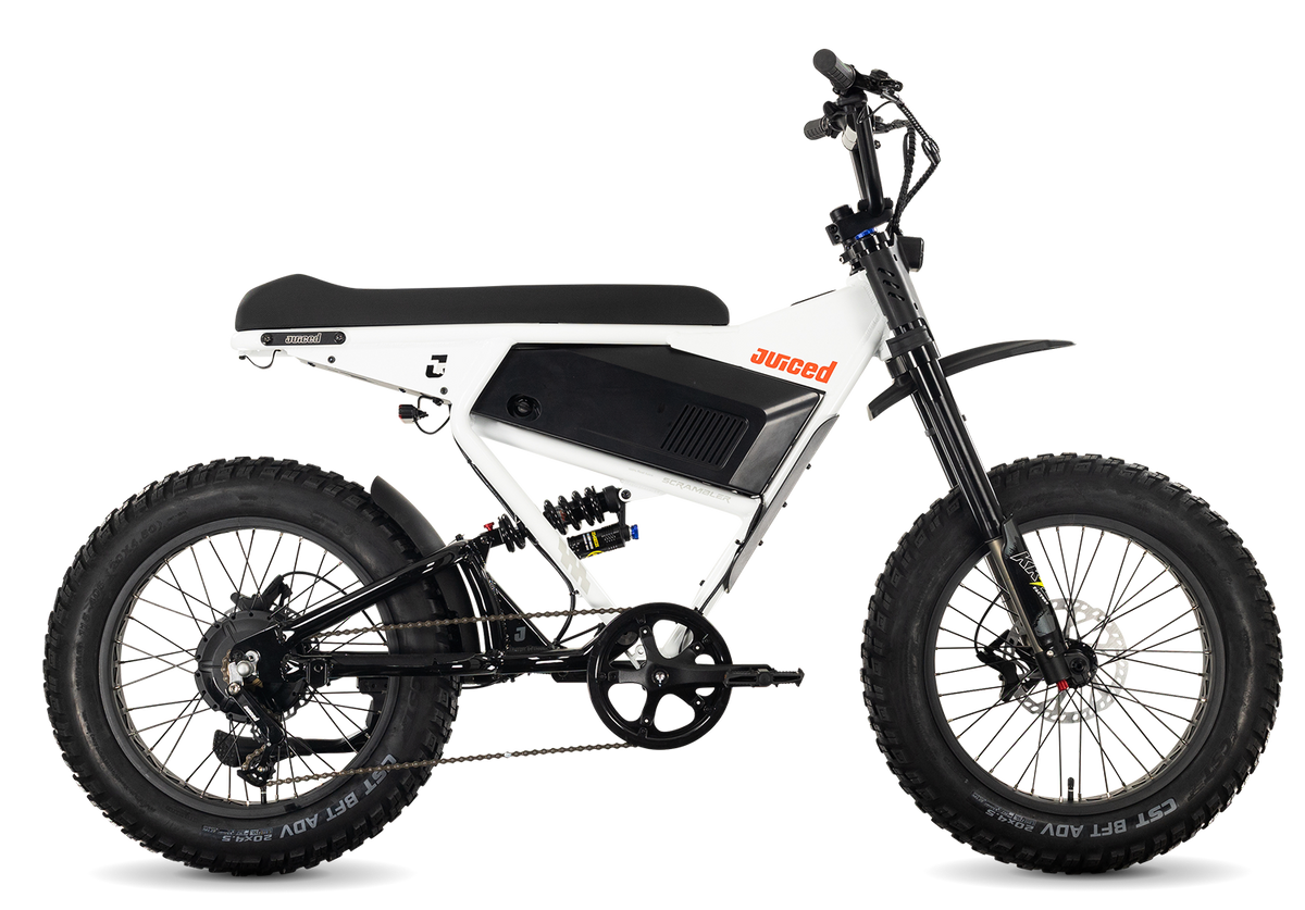 Juiced Scrambler Full-Suspension in White Cherry — drive-side view