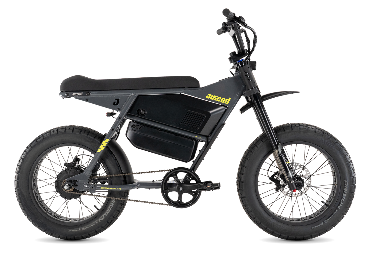 Juiced Scrambler Dual-Battery Hardtail in Asphalt Lemonade — drive-side view