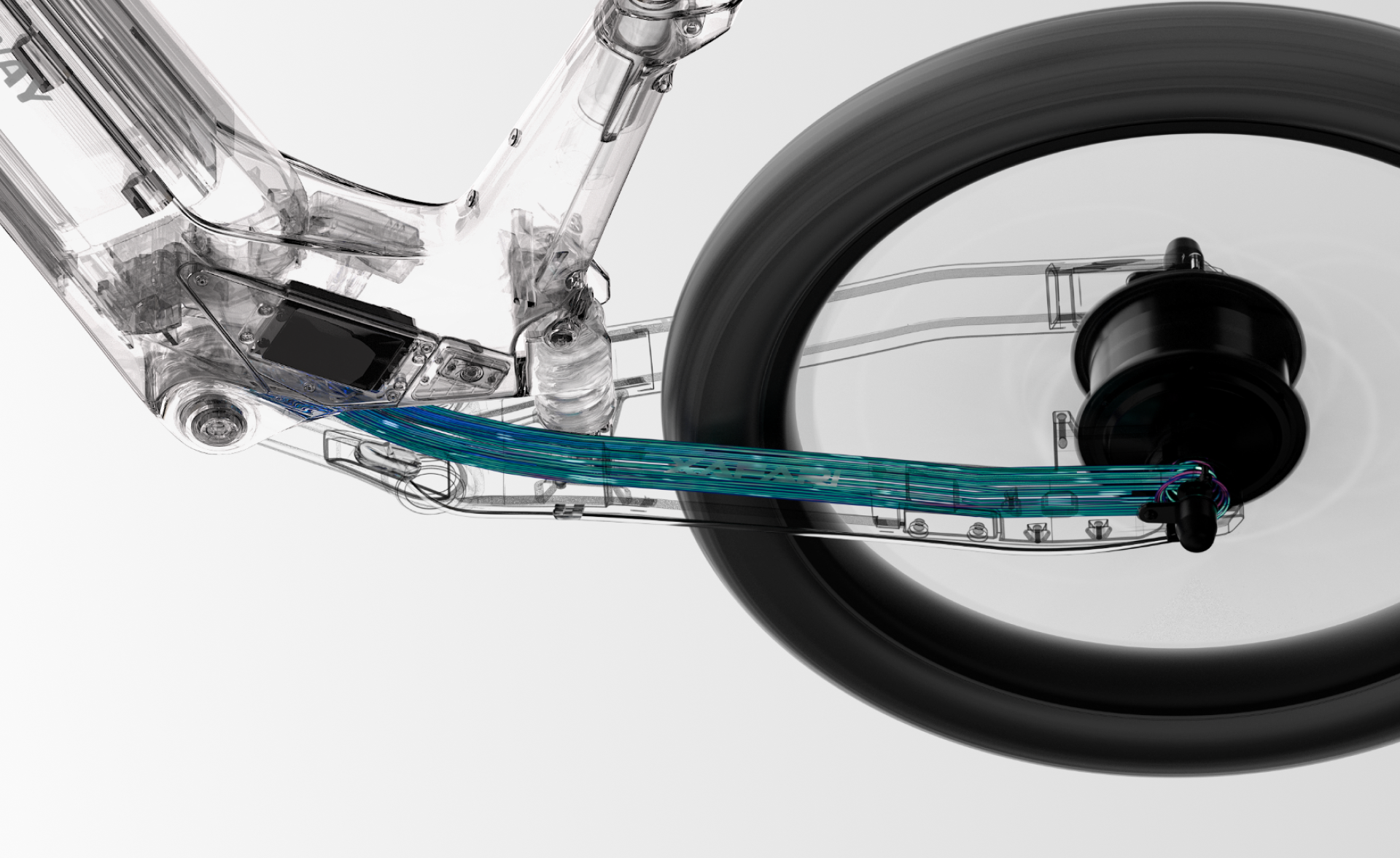 An X-ray view of the Segway - Xafari's rear section reveals its internal wiring and components, such as the brake system and rear wheel assembly, highlighting the intricacies driven by its extended range and powerful motor.