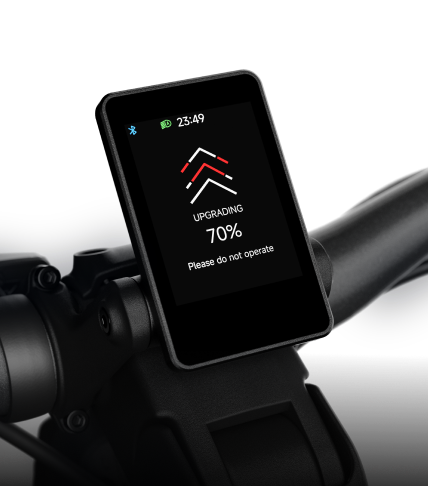 The Segway - Xafari's bike computer screen shows a software upgrade at 70% complete with the message "Please do not operate." Designed for extended range and adventure seekers, it features a powerful motor.