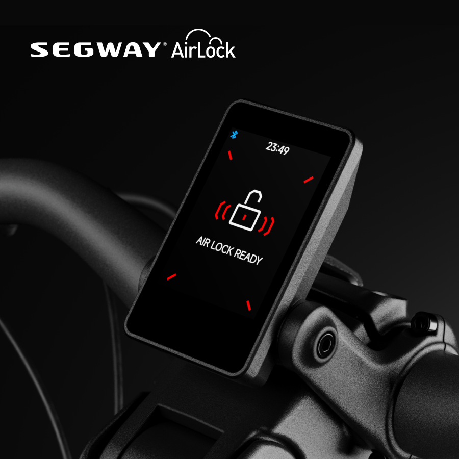 The Segway - Xafari's handlebar display shows "Air Lock Ready" with an unlocked padlock icon and the time 23:49.