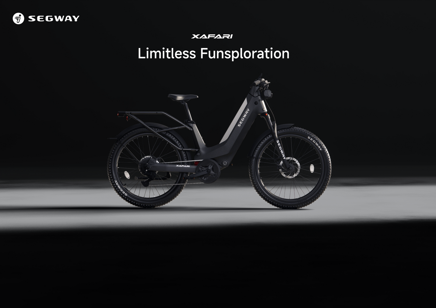 Black Segway - Xafari e-bike displayed on a dark background with the caption "Limitless eBike Adventures" above.