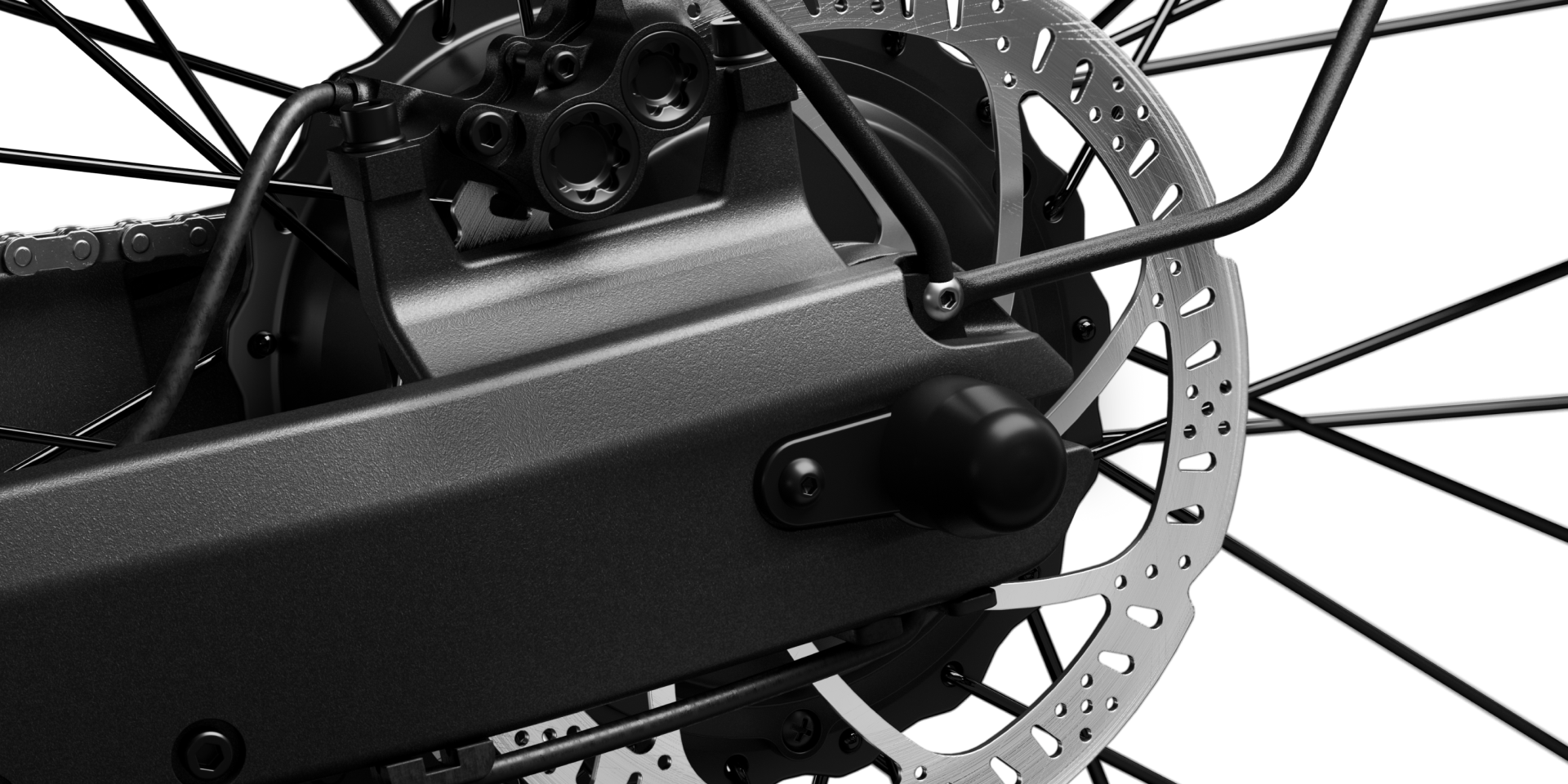 Close-up of a Segway - Xafari rear wheel mechanism, highlighting the disc brake and visible spokes on the frame.