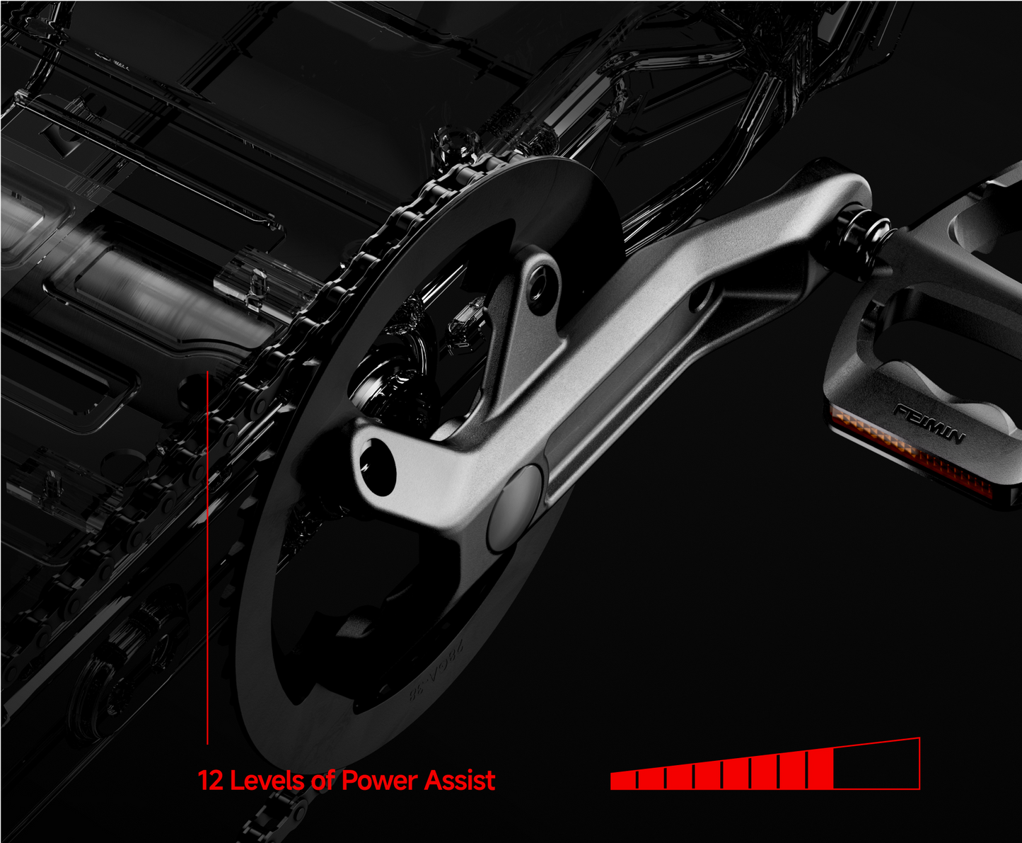 A close-up of the Segway - Xyber's crankset reveals a pedal and the "12 Levels of Power Assist" with a red power level indicator on a dark background. Perfect for easily exploring Tampa Bay's scenic trails.