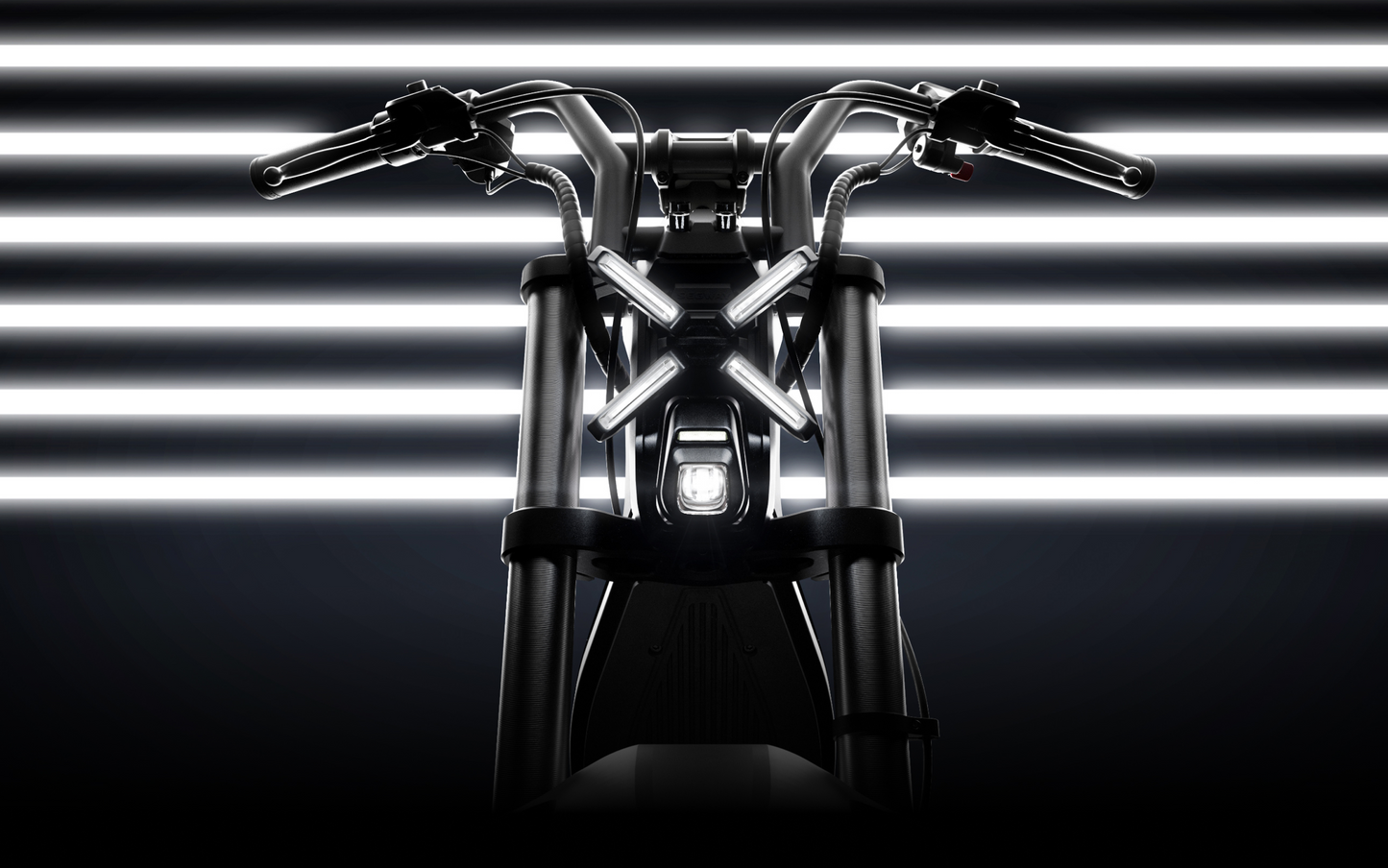 A close-up of Segway's Xyber eBike front showcases handlebars and LED lights against horizontal white light stripes, epitomizing its sleek elegance.