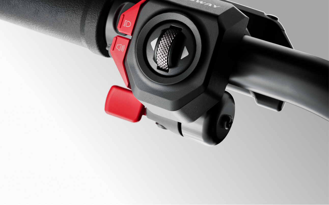 Close-up of a Segway Xyber handlebar with a black and red textured grip and switch, ideal for Tampa Bay trails against a grey backdrop.