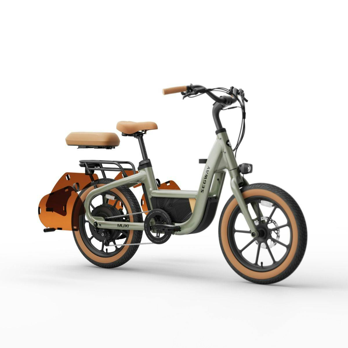Electric cargo bike with a light green frame, tan tires, rear rack, and Segway MUXI Passenger Kit by Segway—includes an extra passenger seat and footrests—shown on a white background.