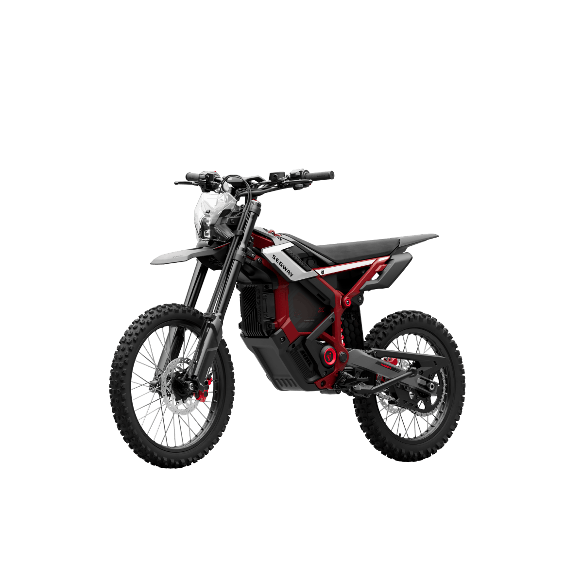 The Segway Xaber 300 by Segway features a black and red frame, knobby tires, front suspension, and minimalist seat. Shown in a side view against a white background, it's a standout high-performance electric dirt bike.
