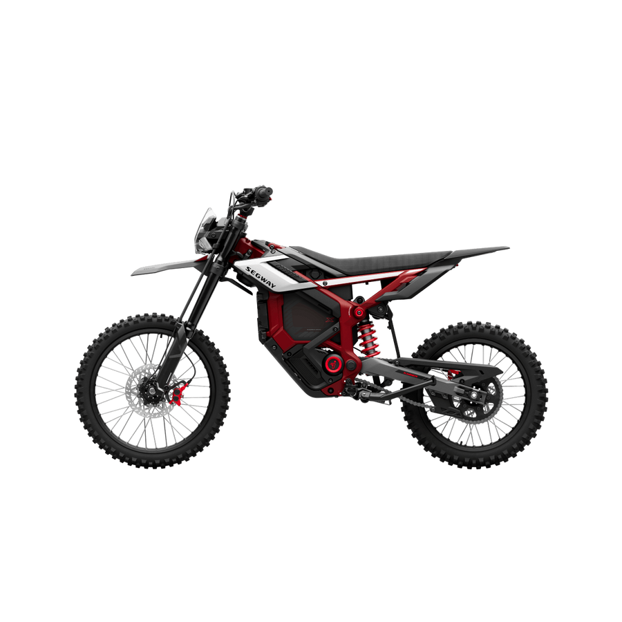 Side view of a Segway Xaber 300 electric dirt bike by Segway, featuring a black and red design, knobby tires, exposed frame, and minimal bodywork against a white background.